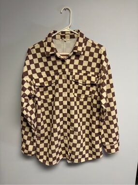 Baevely Checkerboard Button-Up Shacket in Cream and Brown